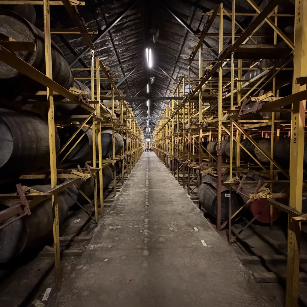 Long aisle of casks in the traditional dunnage warehouse at Blair Athol with yellow wooden racks