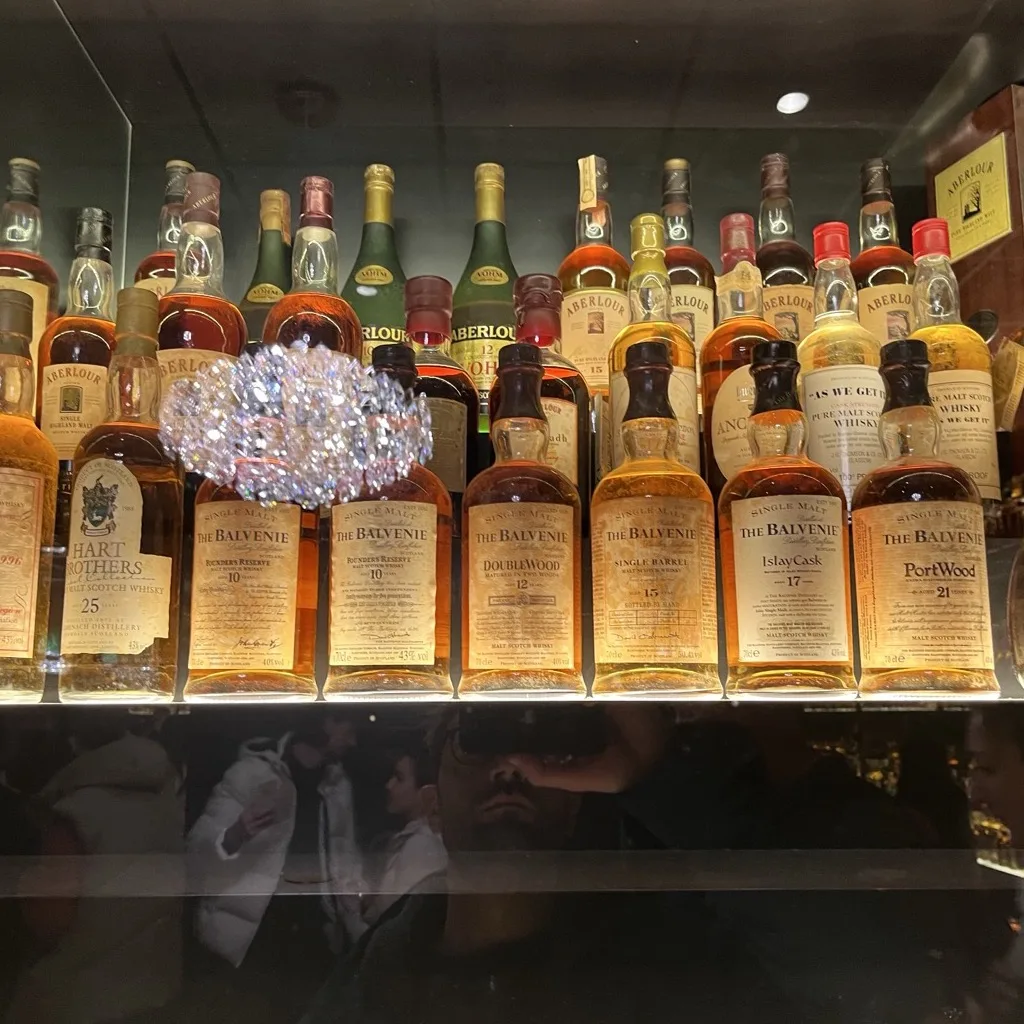 A row of rare Balvenie bottlings in a cabinet of the Claive Vidiz Collection