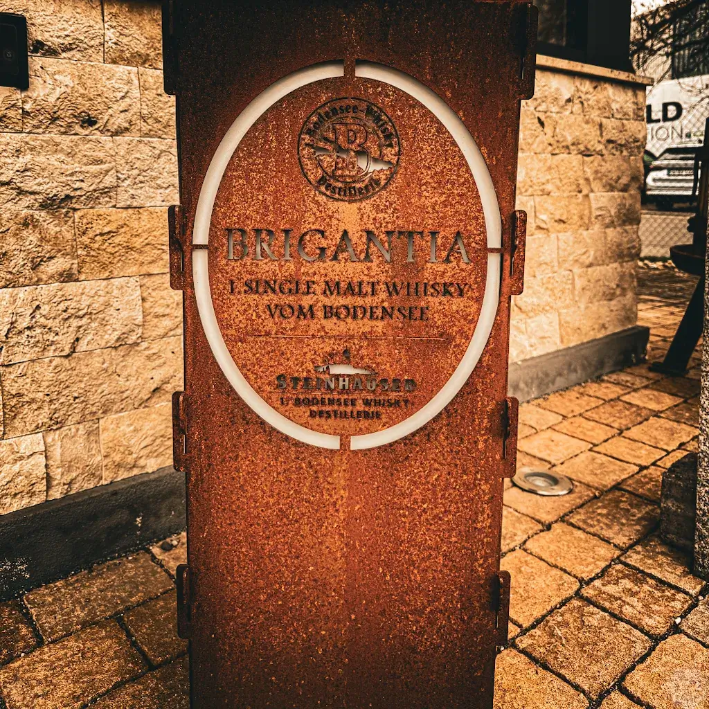 The Brigantia sign in corten steel: "Single Malt Whisky vom Bodensee"